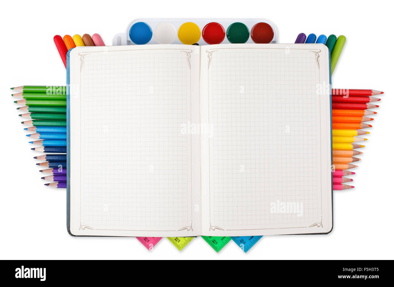 Notebook and bright school stationery isolated on white Stock Photo