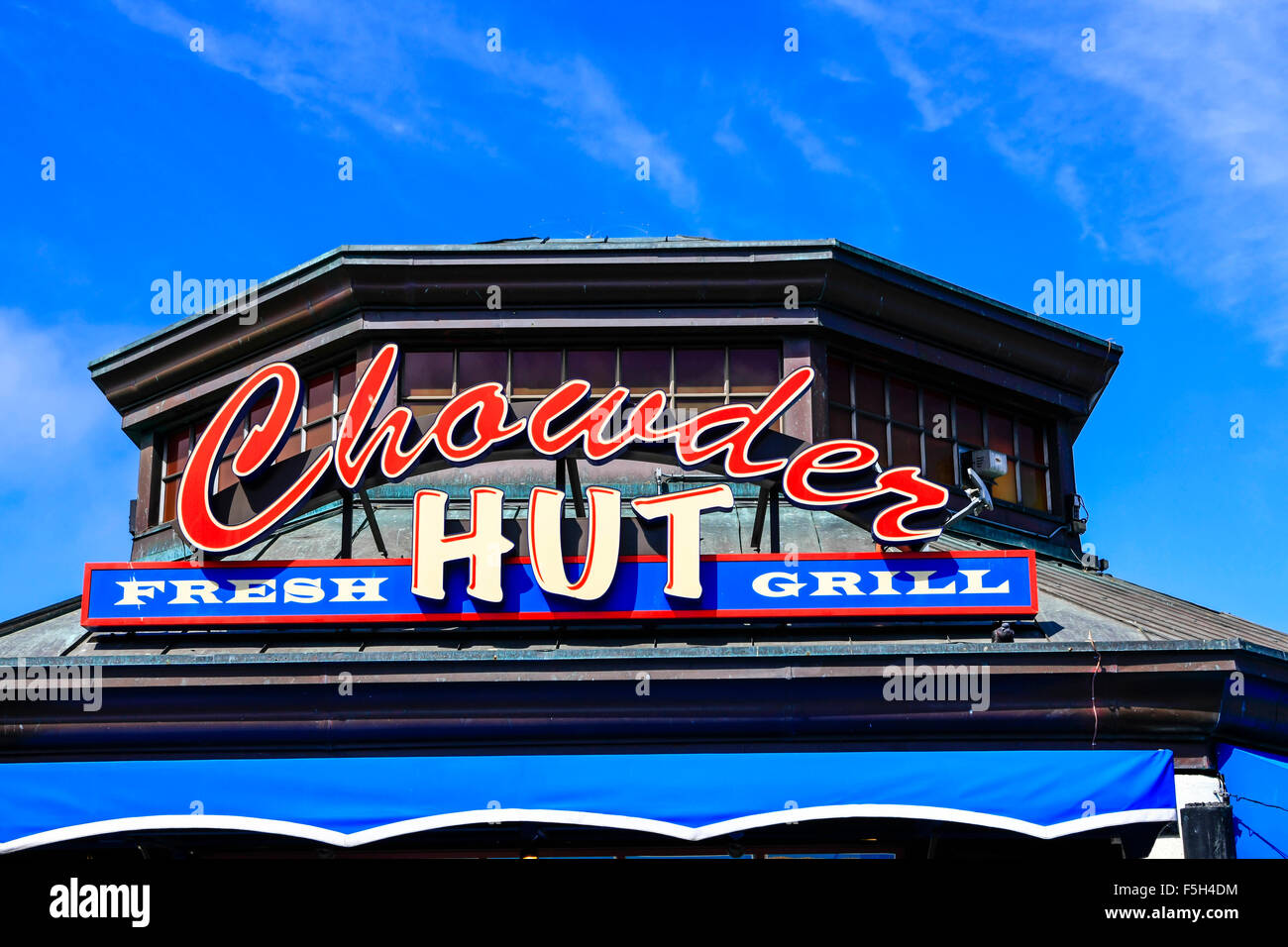 Chowder Hut grill overhead sign on Pier 39 in the Fisherman's Wharf