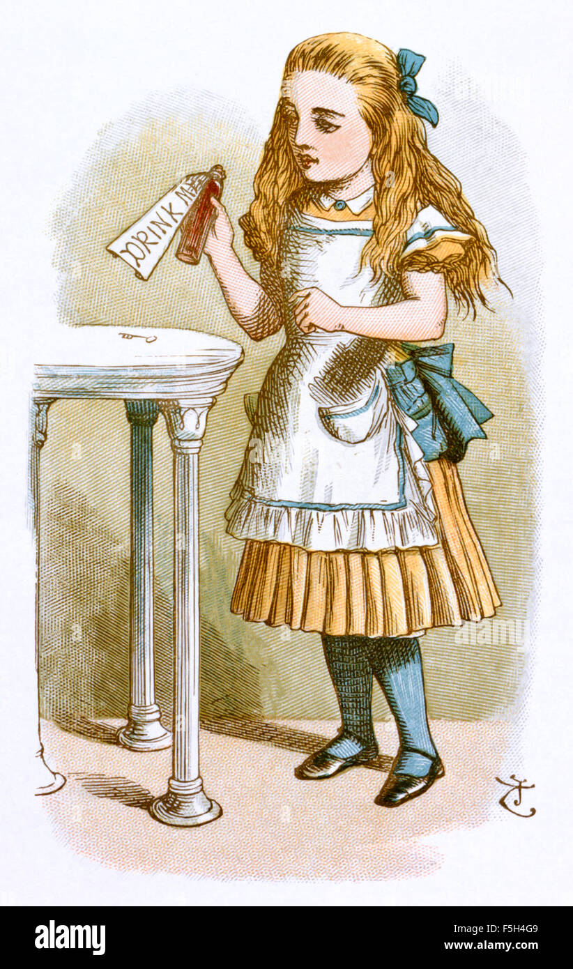 Alice about to drink from the bottle labeled 'drink me' from 'The Nursery “Alice'', an shortened adaptation of ‘Alice’s Adventures in Wonderland’ aimed at under-fives written by Lewis Carroll (1832-1898) himself. This edition contains 20 selected illustrations by Sir John Tenniel (1820-1914) from the original book which were enlarged and coloured by Emily Gertrude Thomson (1850-1929). See description for more information. Stock Photo