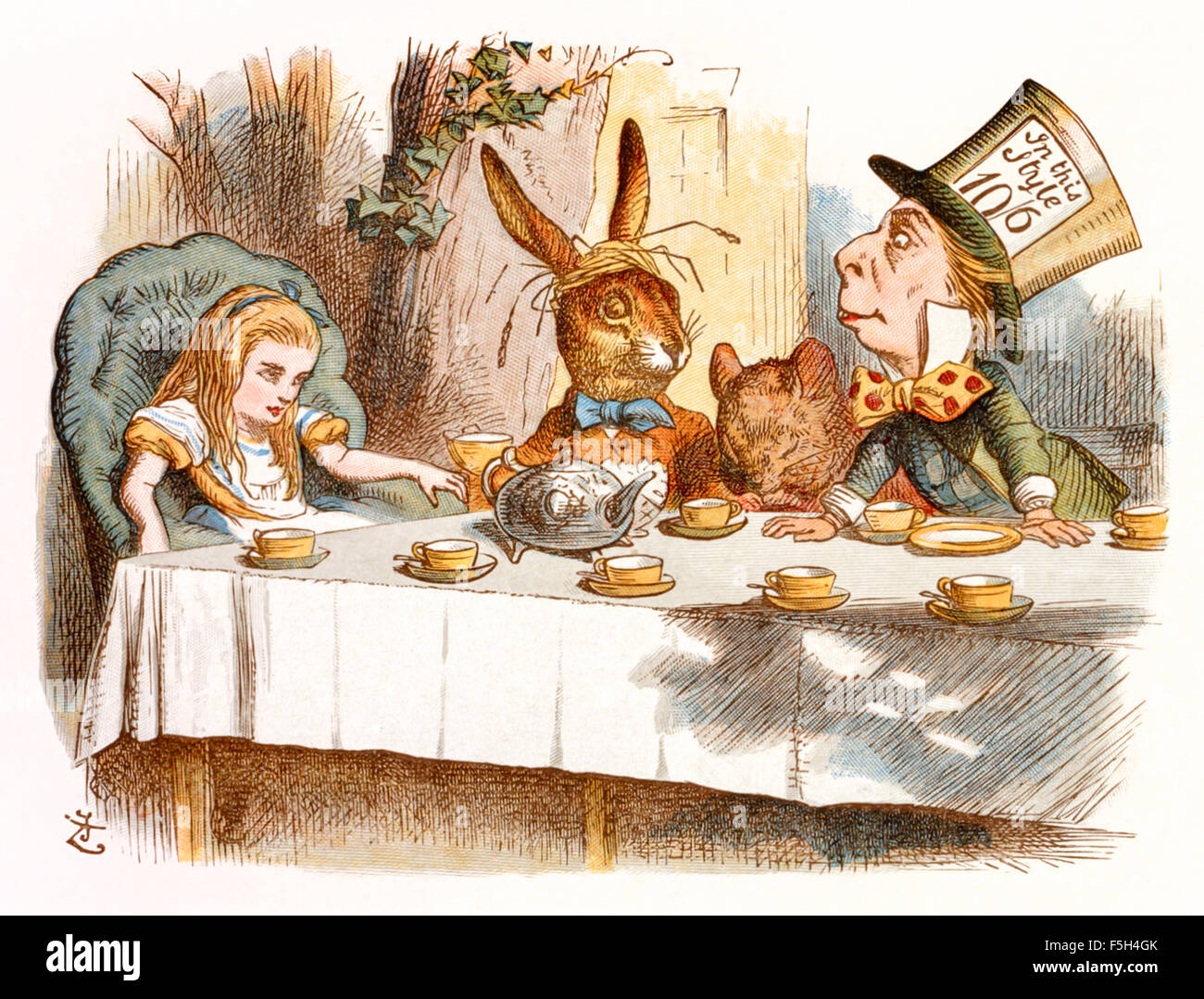 The Mad Tea Party, from 'The Nursery “Alice'', an shortened adaptation of ‘Alice’s Adventures in Wonderland’ aimed at under-fives written by Lewis Carroll (1832-1898) himself. This edition contains 20 selected illustrations by Sir John Tenniel (1820-1914) from the original book which were enlarged and coloured by Emily Gertrude Thomson (1850-1929). See description for more information. Stock Photo