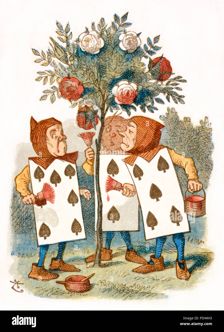 The Queen's gardeners painting the roses red, from 'The Nursery “Alice'', an shortened adaptation of ‘Alice’s Adventures in Wonderland’ aimed at under-fives written by Lewis Carroll (1832-1898) himself. This edition contains 20 selected illustrations by Sir John Tenniel (1820-1914) from the original book which were enlarged and coloured by Emily Gertrude Thomson (1850-1929). See description for more information. Stock Photo