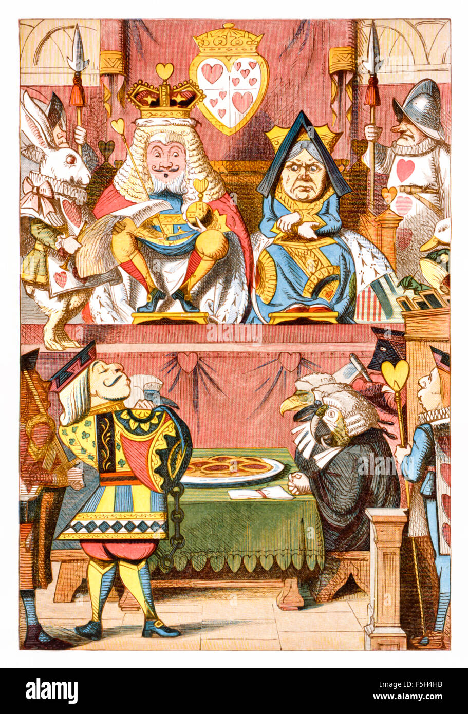 Frontispiece showing the court scene with King and Queen of Hearts presiding, from 'The Nursery “Alice'', an shortened adaptation of ‘Alice’s Adventures in Wonderland’ aimed at under-fives written by Lewis Carroll (1832-1898) himself. This edition contains 20 selected illustrations by Sir John Tenniel (1820-1914) from the original book which were enlarged and coloured by Emily Gertrude Thomson (1850-1929). See description for more information. Stock Photo