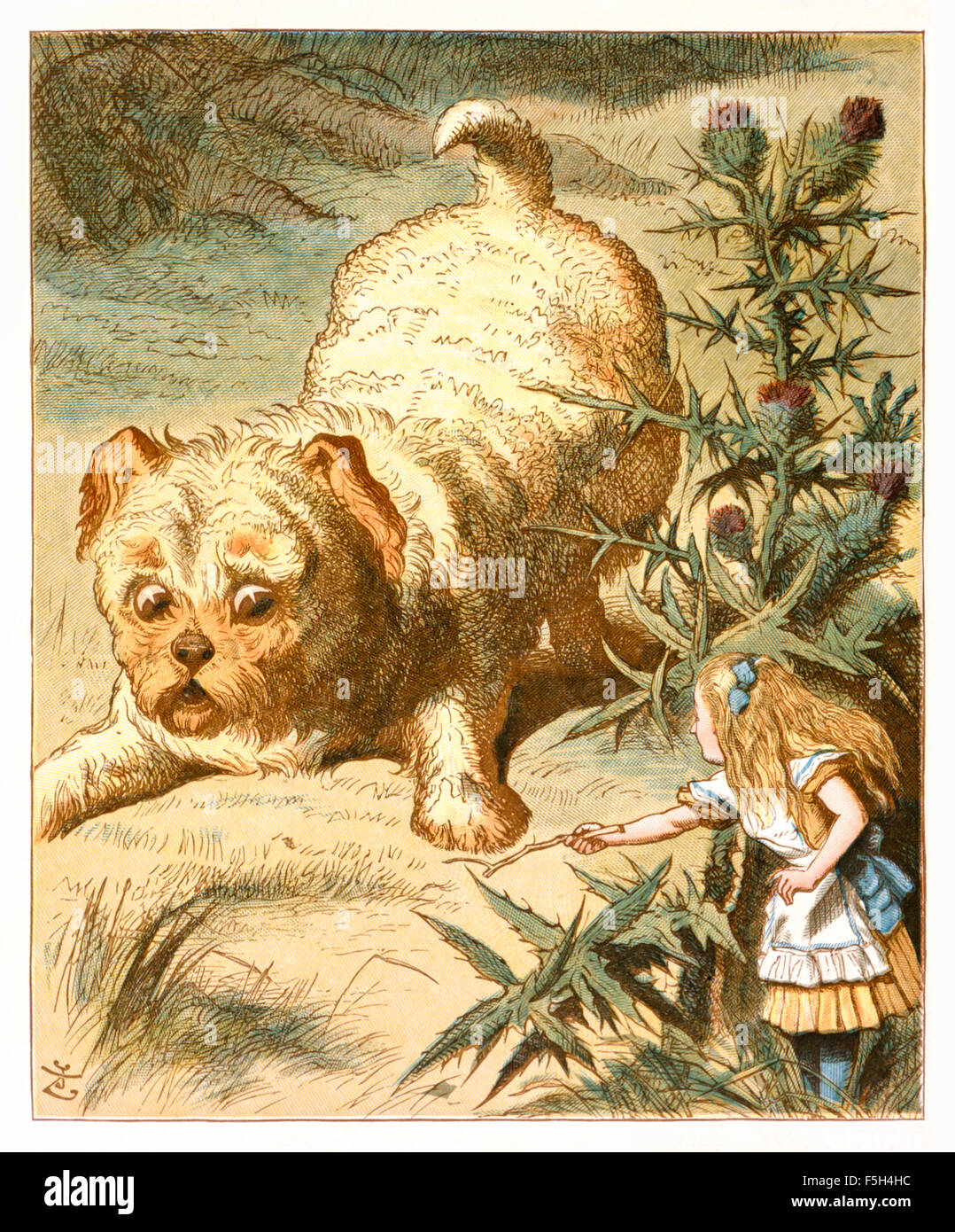 The dear little puppy from 'The Nursery “Alice'', an shortened adaptation of ‘Alice’s Adventures in Wonderland’ aimed at under-fives written by Lewis Carroll (1832-1898) himself. This edition contains 20 selected illustrations by Sir John Tenniel (1820-1914) from the original book which were enlarged and coloured by Emily Gertrude Thomson (1850-1929). See description for more information. Stock Photo