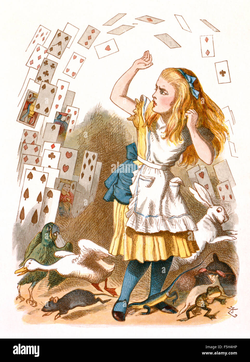 'The Shower of Cards' from 'The Nursery “Alice'', an shortened adaptation of ‘Alice’s Adventures in Wonderland’ aimed at under-fives written by Lewis Carroll (1832-1898) himself. This edition contains 20 selected illustrations by Sir John Tenniel (1820-1914) from the original book which were enlarged and coloured by Emily Gertrude Thomson (1850-1929). See description for more information. Stock Photo