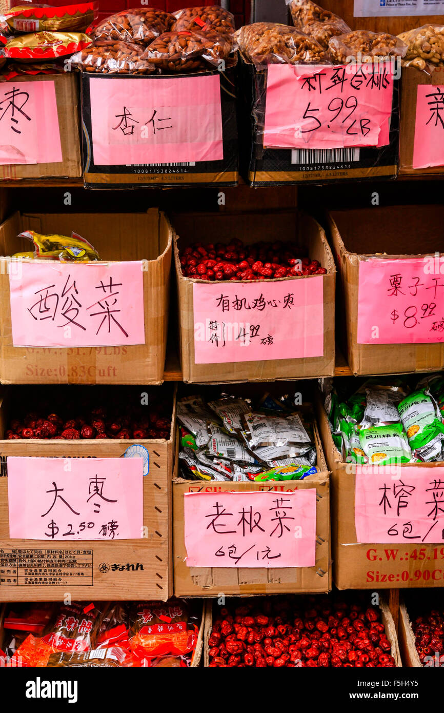 Boxes of dried foods on sale at a store in Chinatown in San Francisco