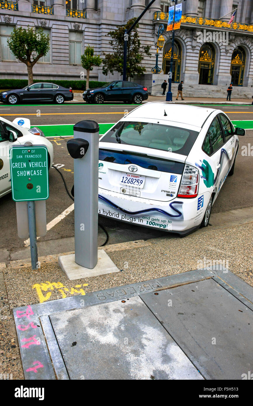 Green Vehicle charging stations opposite the City Hall in San Francisco
