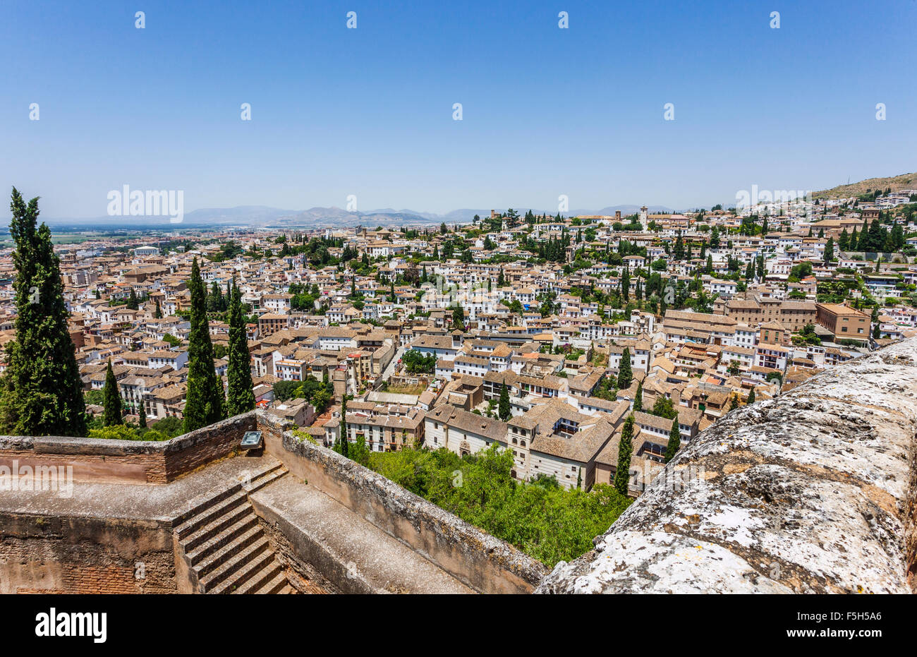 Spain, Andalusia, Province of Granada, view of Granada from the battlements of the Alcazaba at the Alhambra de Granada Stock Photo