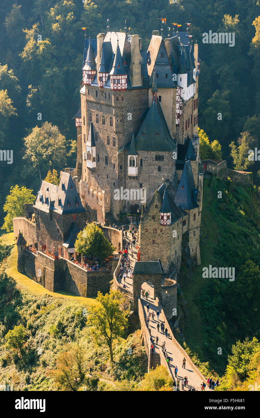 Eltz Castle is a medieval castle nestled in the hills above the Moselle River between Koblenz and Trier, Germany Stock Photo