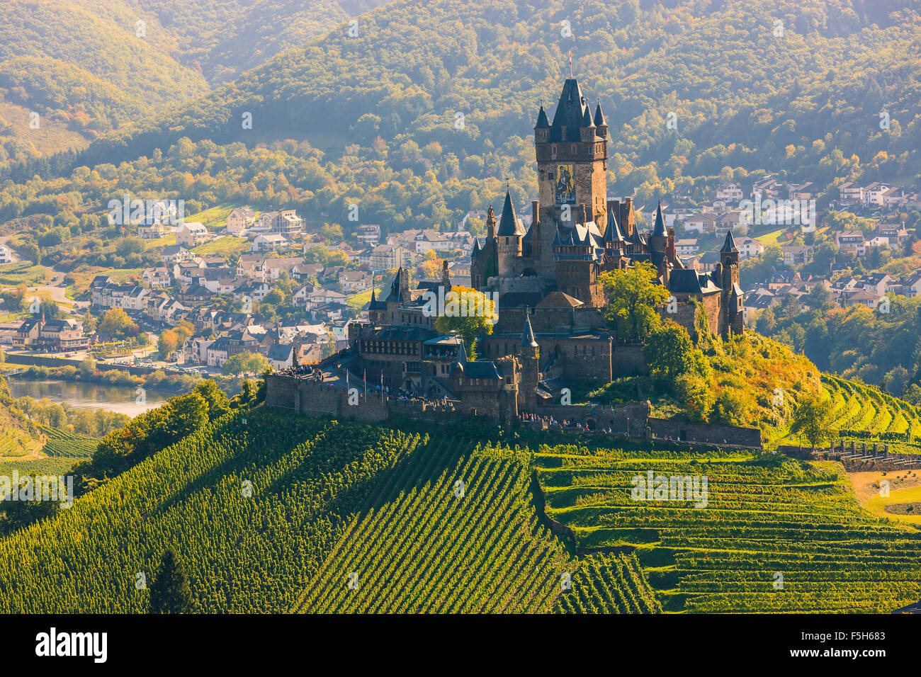 Reichsburg Cochem Castle is more than a castle. It is the largest hill-castle on the Mosel river, Germany. Stock Photo
