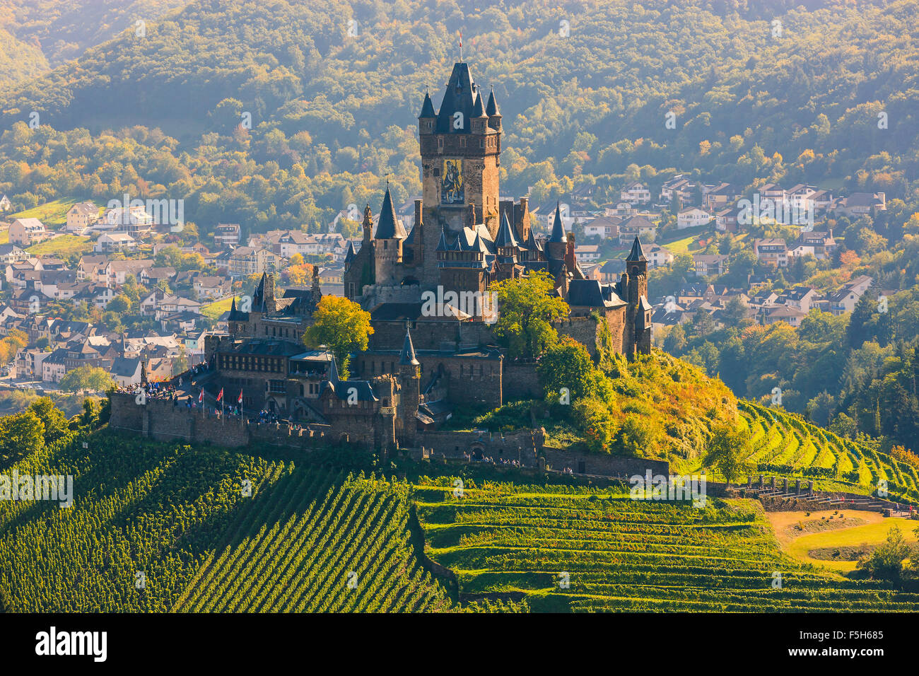 Reichsburg Cochem Castle is more than a castle. It is the largest hill-castle on the Mosel, Germany. Stock Photo