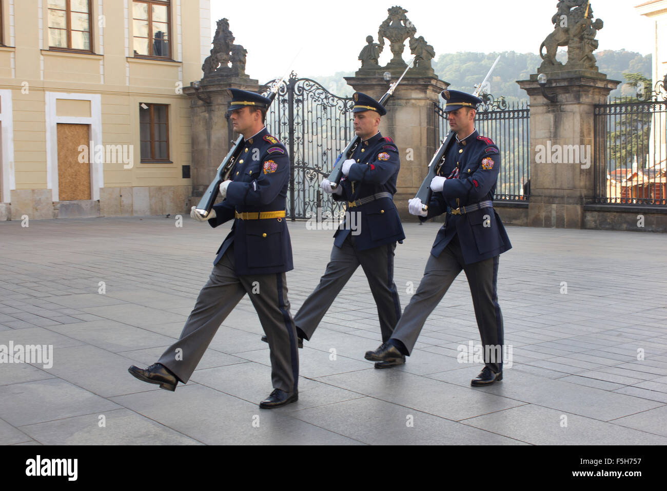 Prague military guards marching in the courtyard of Prague Palace. Stock Photo