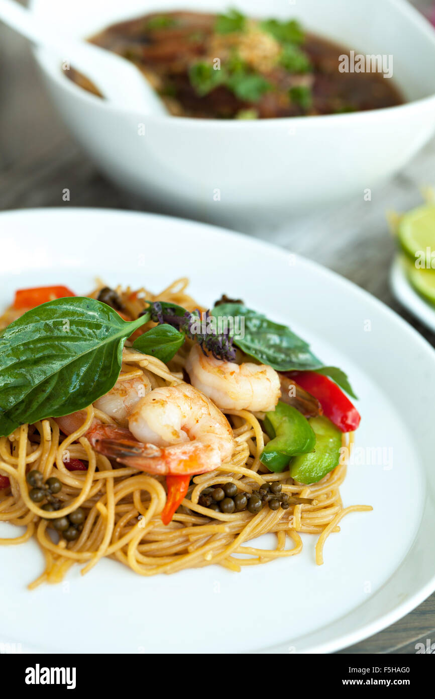 Thai Shrimp Dish with Noodles Stock Photo