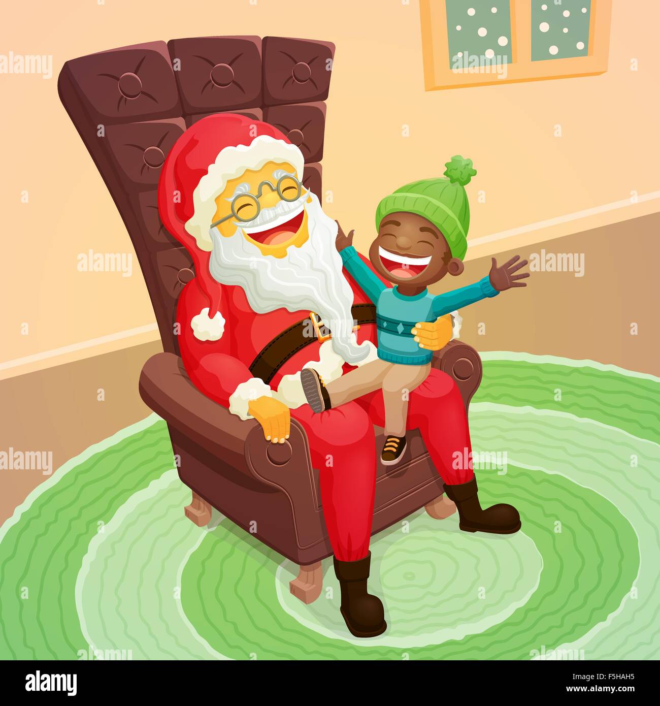 Little black boy asking Santa Claus for a big present Stock Vector