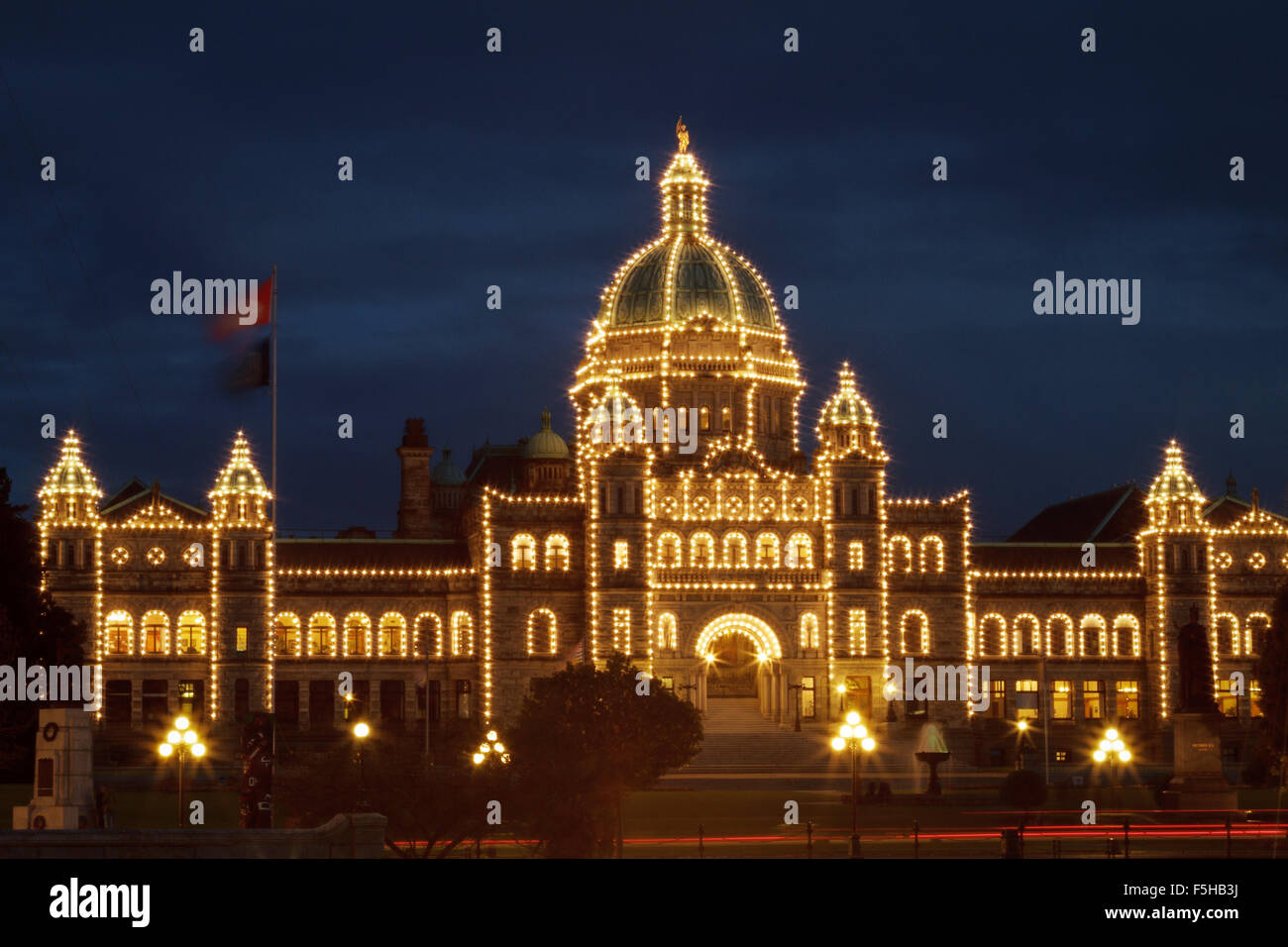 Detail of evening view of Government house in Victoria BC using long exposure. Stock Photo
