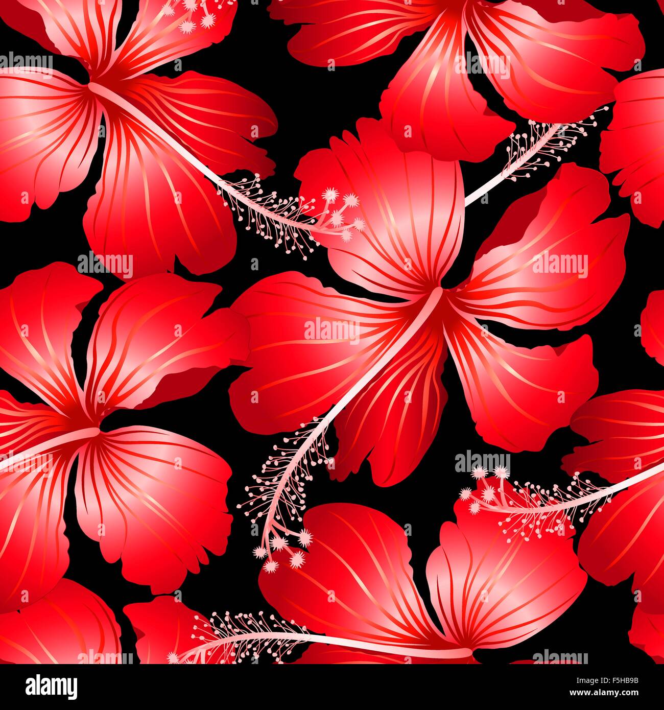 Red tropical hibiscus flowers with black background seamless pattern