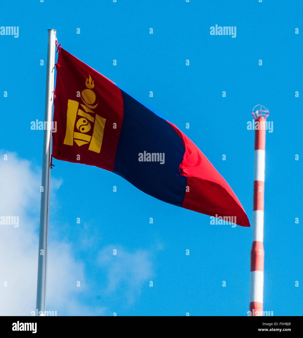 Flag of the Republic of Mongolia, flying outside the embassy in Berlin, Germany Stock Photo