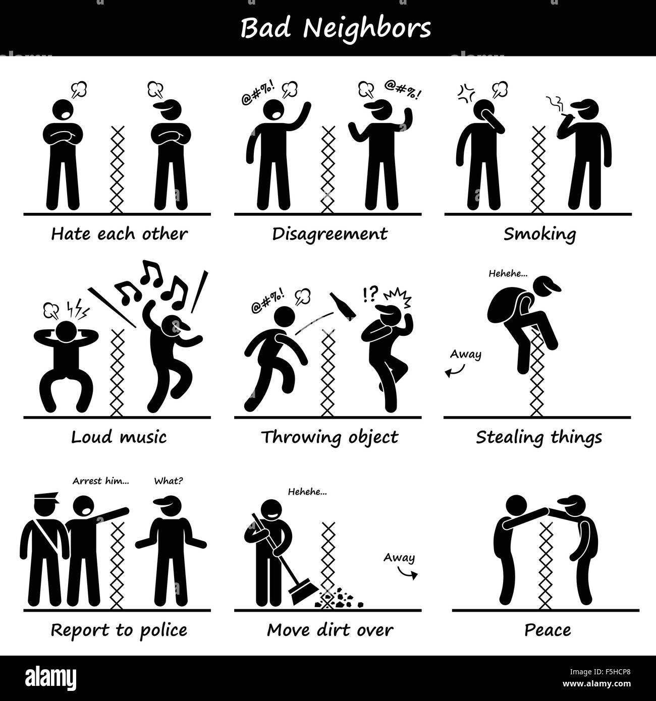 Bad Neighbors Stick Figure Pictogram Icons Stock Vector