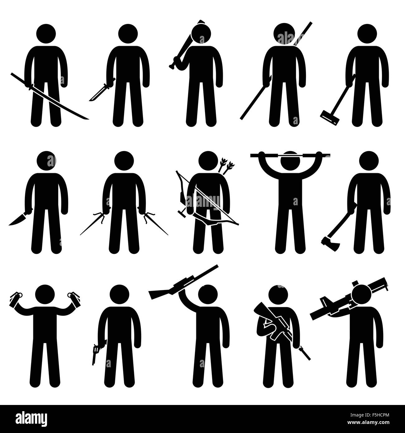 Man Holding and Using Weapons Stick Figure Pictogram Icons Stock Vector