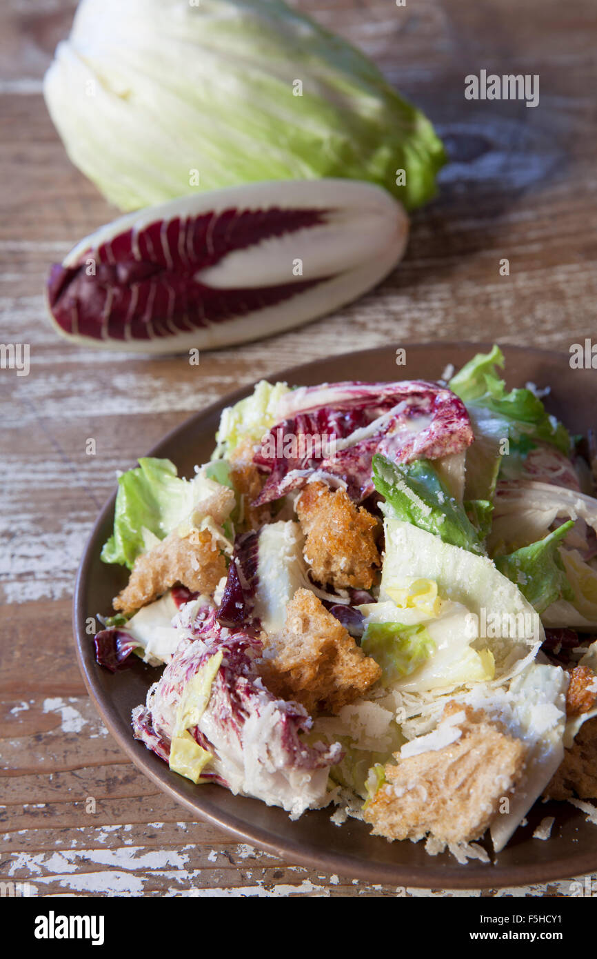 Chicory Caesar salad with croutons on plate with chicory in the background. Stock Photo