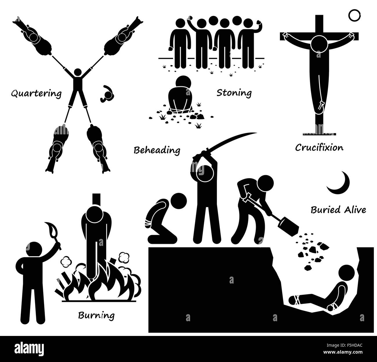 Execution Death Penalty Capital Punishment Ancient Methods Stick Figure Pictogram Icons Stock Vector