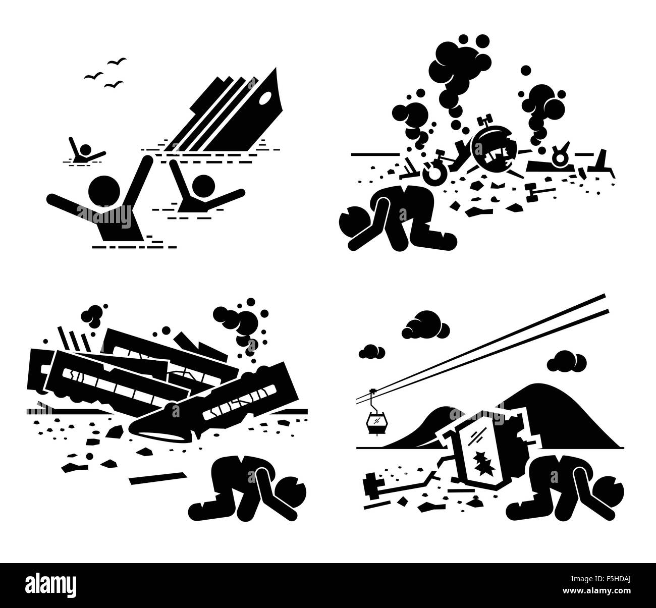 Disaster Accident Tragedy of Sinking Ship, Airplane Crash, Train Wreck, and Falling Cable Car Stick Figure Pictogram Icons Stock Vector