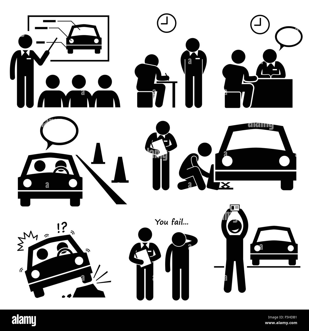 Man Getting Car License from Driving School Lesson Stick Figure Pictogram Icons Stock Vector