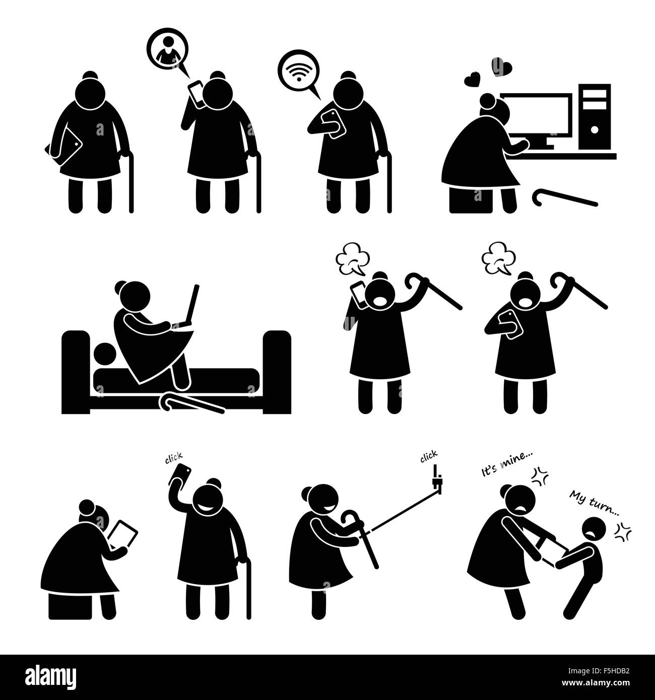 High Tech Granny Elderly Old Woman Using Computer and Smartphone Stick Figure Pictogram Icons Stock Vector
