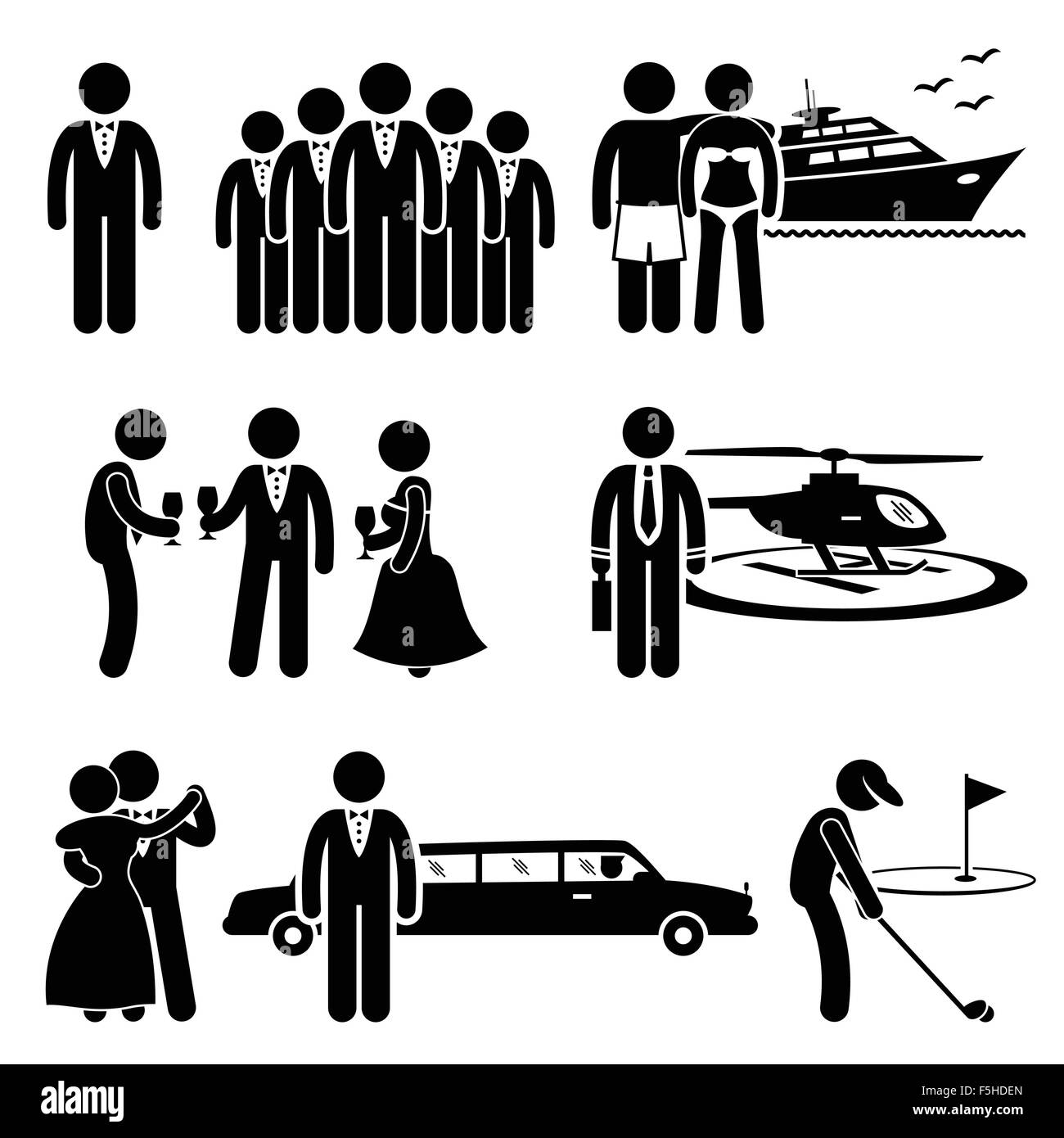 Rich People High Society Expensive Lifestyle Activity Stick Figure Pictogram Icon Cliparts Stock Vector