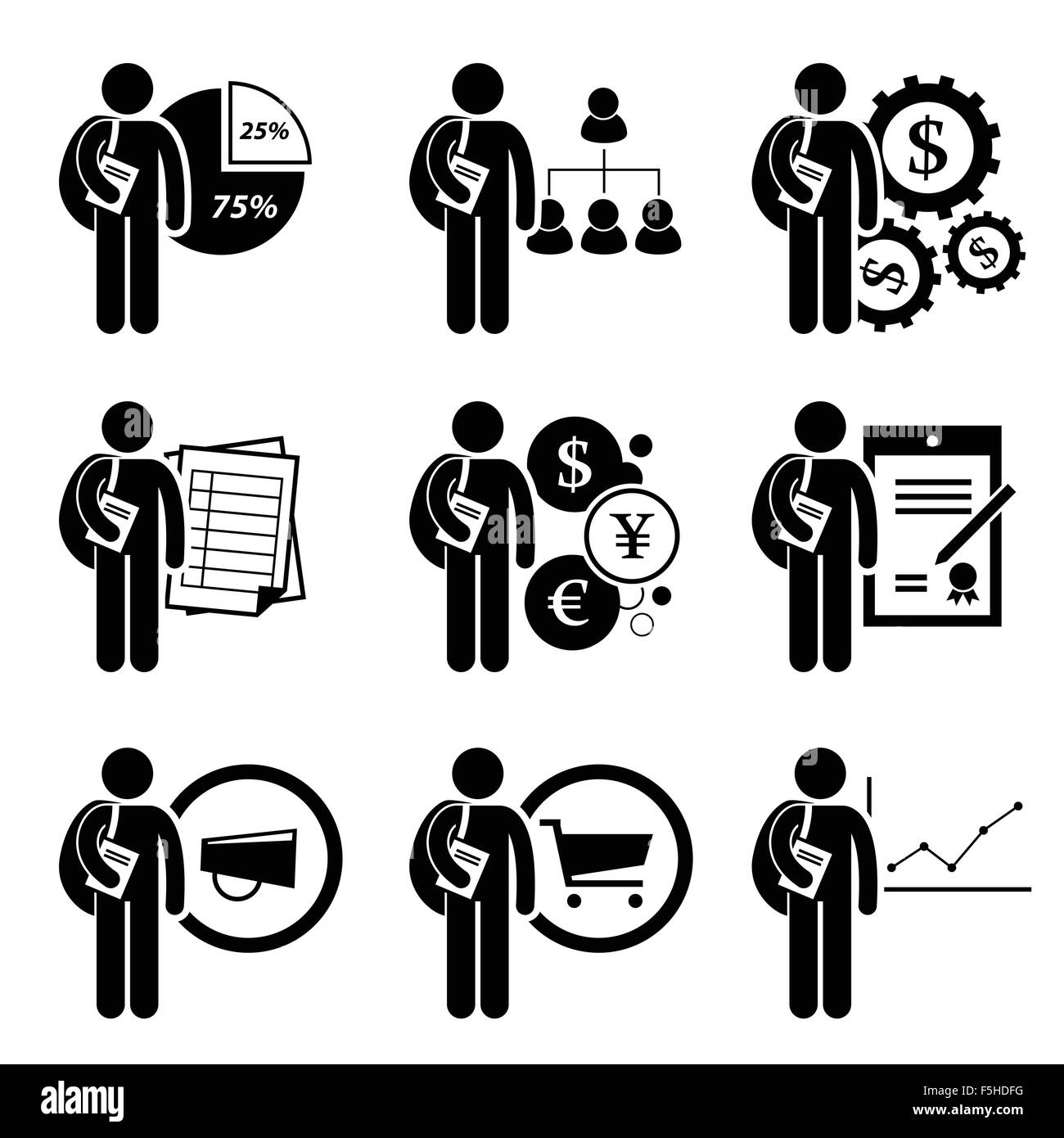 Student Degree in Business Management - Analysis, Human Resources, Financial Engineering, Accounting, Currency, Law, Marketing, Stock Vector