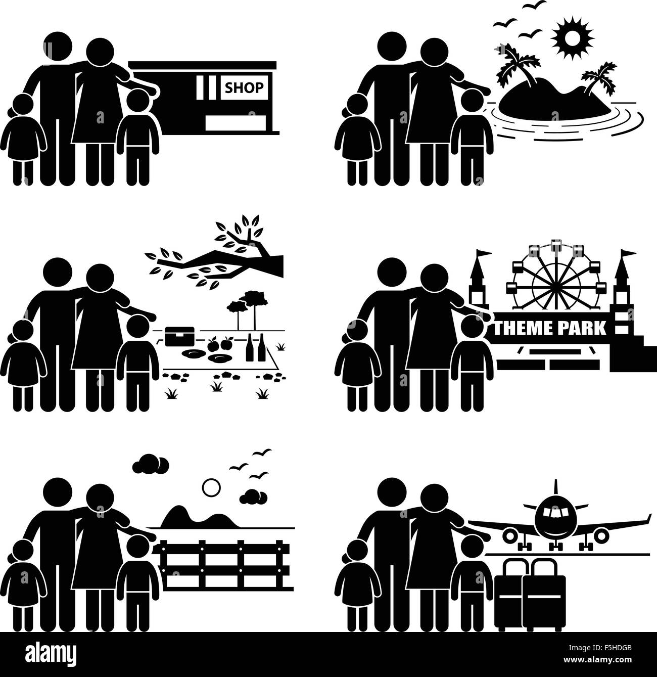 Family Vacation Trip Holiday Recreational Activities Stick Figure Pictogram Icon Stock Vector