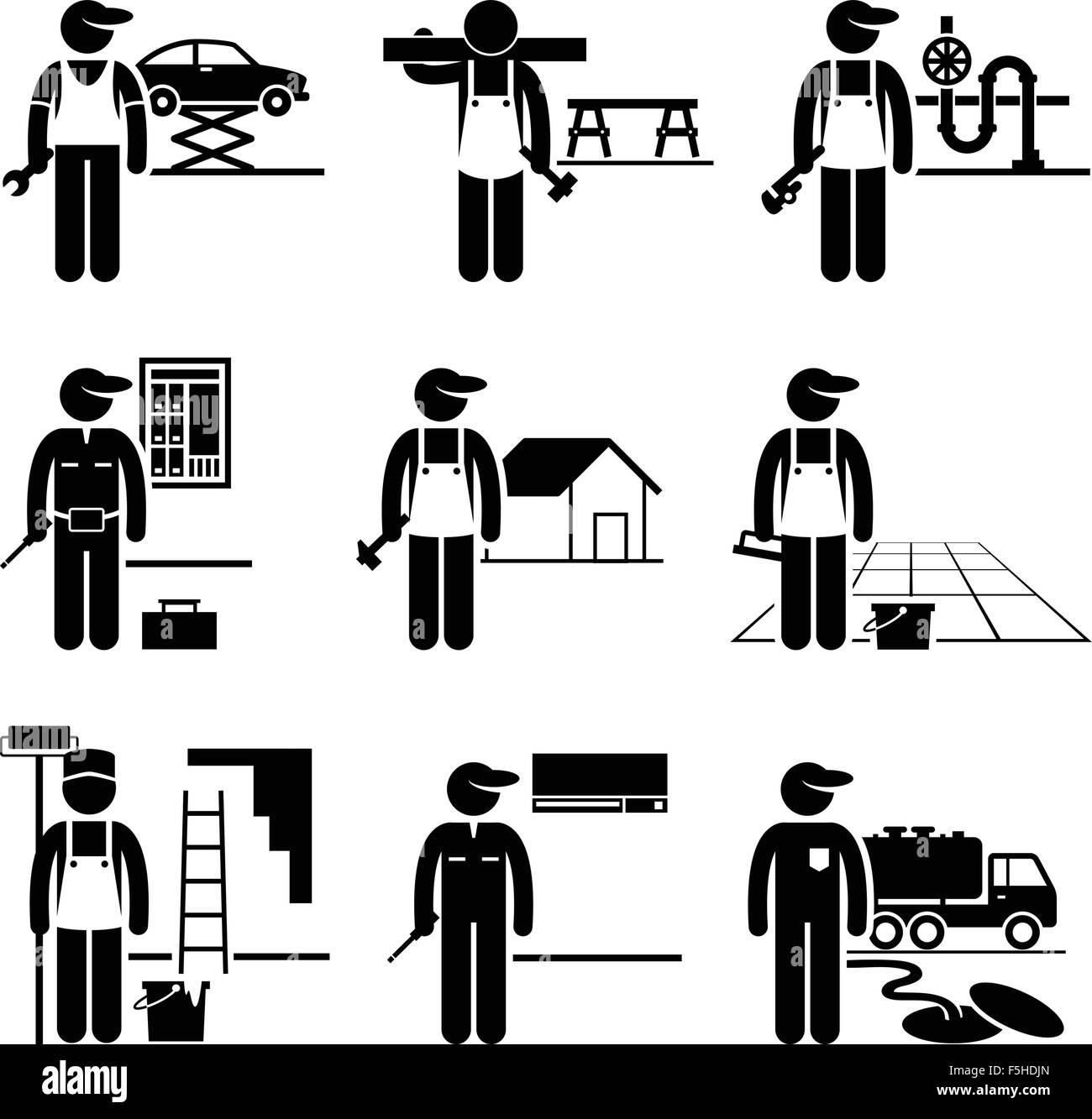 Handyman Labor Labour Skilled Jobs Occupations Careers - Car Mechanic, Carpenter, Plumber, Electrician, Roofer, Flooring, Painte Stock Vector