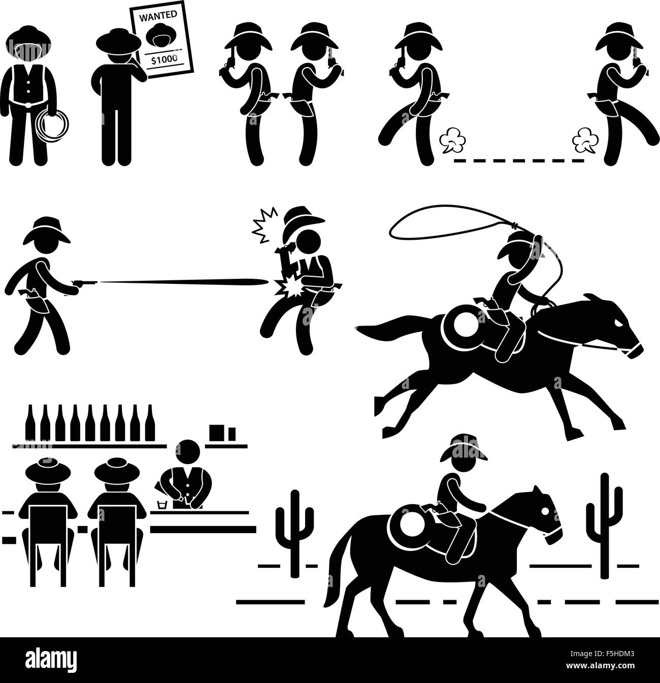 Cowboy Wild West Duel Bar Horse Stick Figure Pictogram Icon Stock Vector