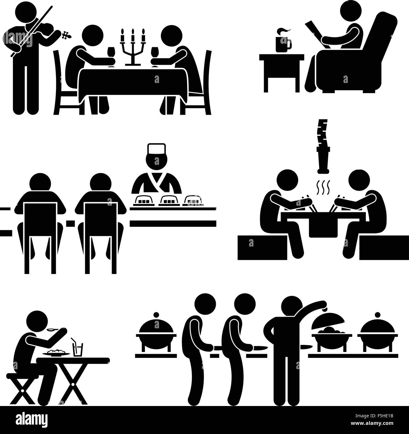 Restaurant Cafe Food Drink Candlelight Dinner Coffee Shop Japanese Sushi Korean BBQ Buffet Stick Figure Pictogram Icon Stock Vector