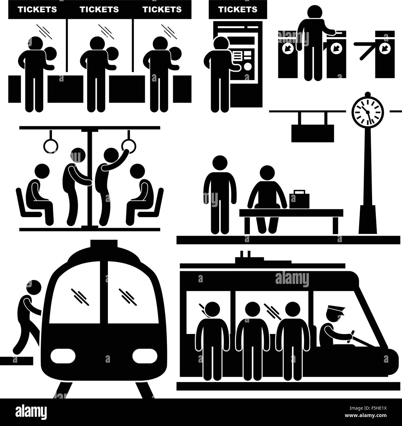 Train Commuter Station Subway Man Passengers Stick Figure Pictogram Icon Stock Vector