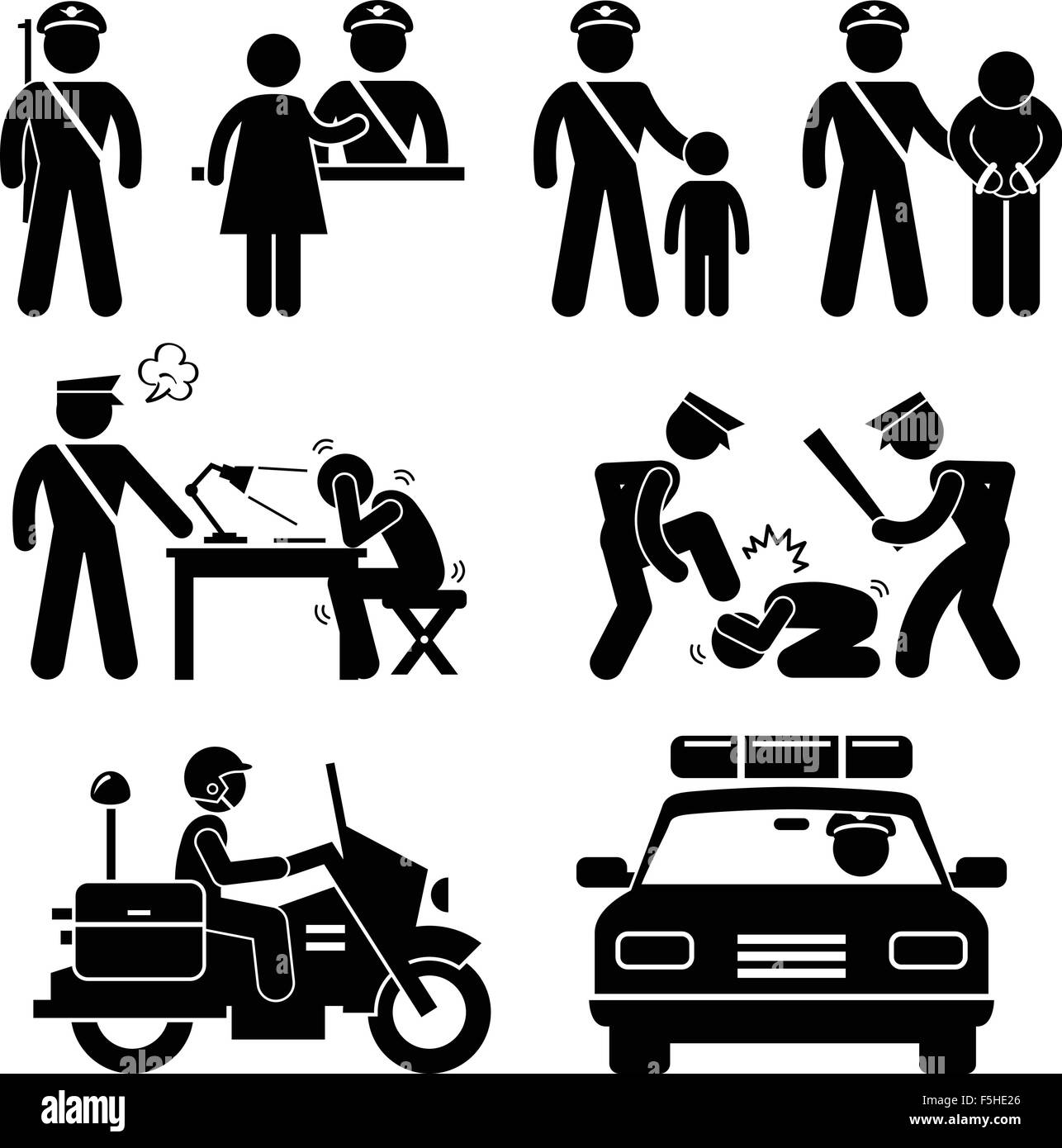 Police Station Policeman Motorcycle Car Report Interrogation Stick Figure Pictogram Icon Stock Vector