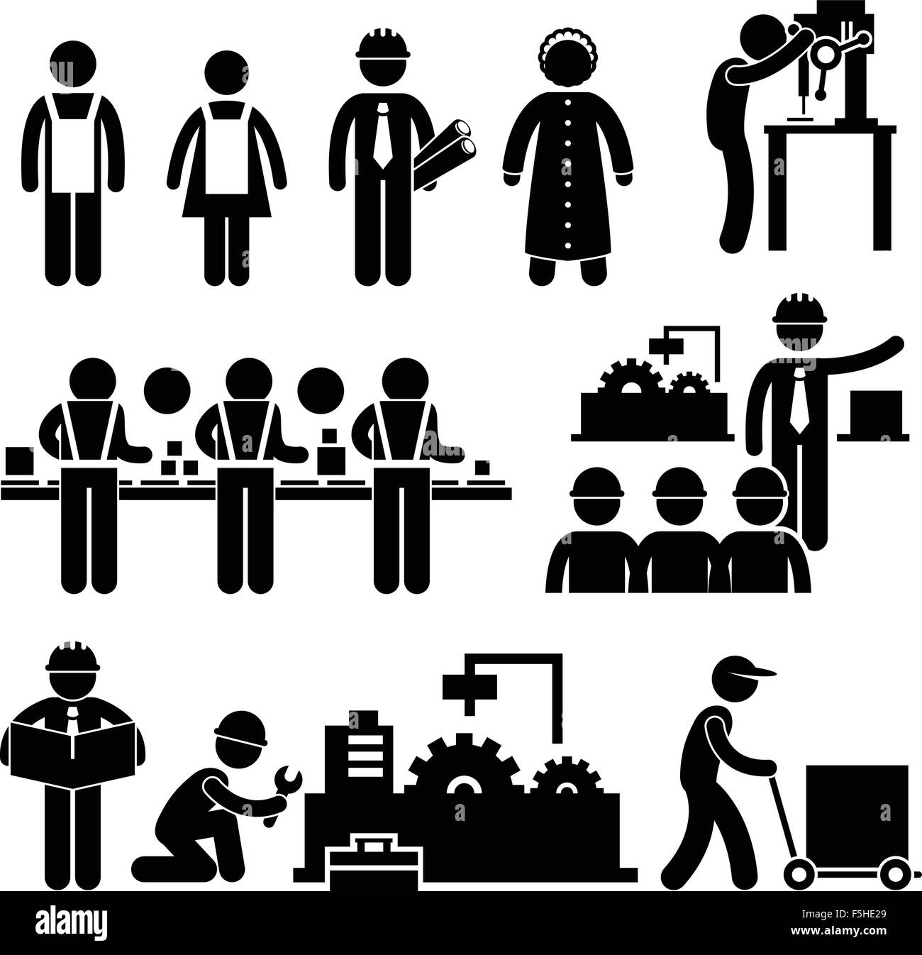 Factory Worker Engineer Manager Supervisor Working Stick Figure Pictogram Icon Stock Vector