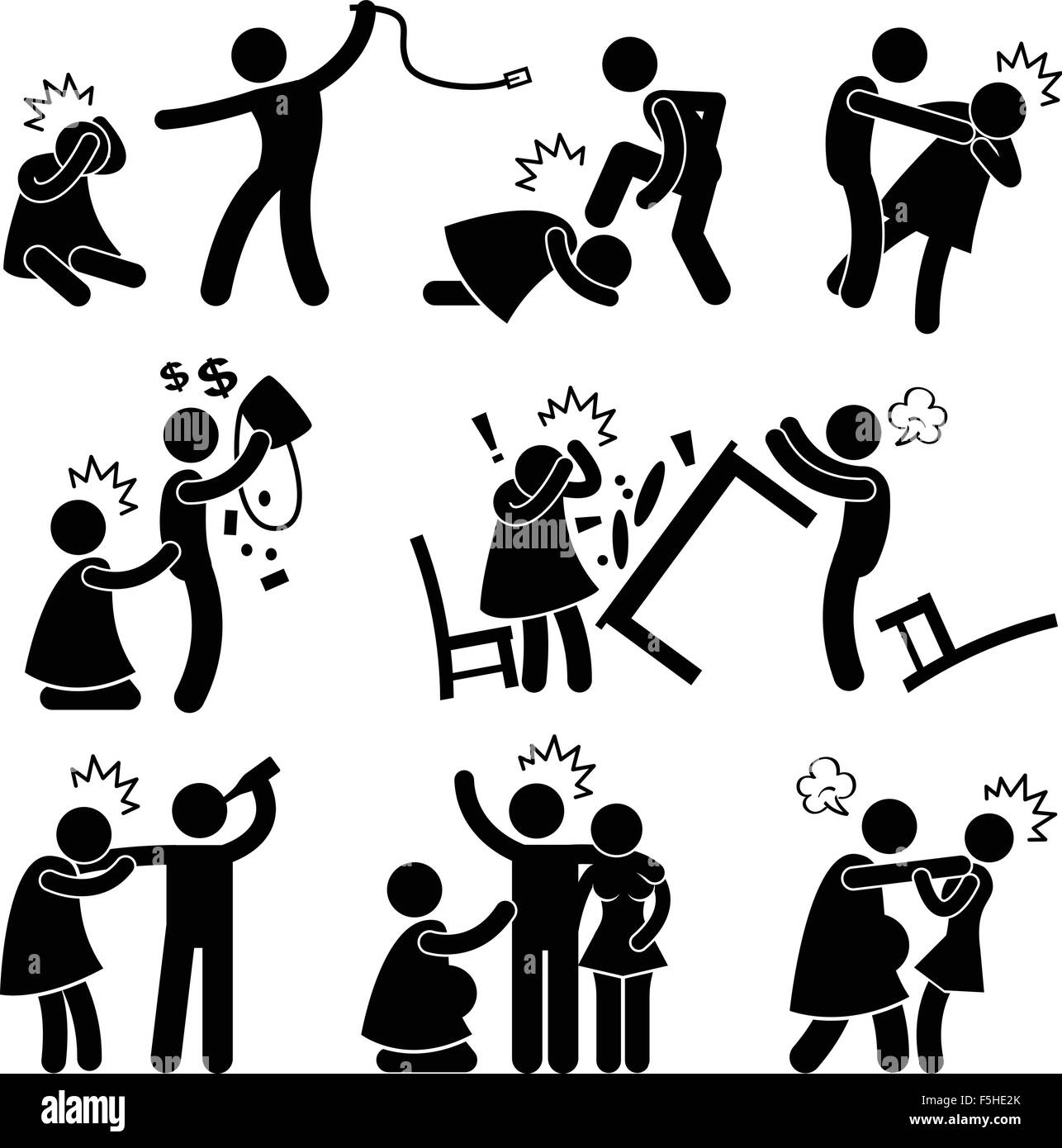 Abusive Husband Helpless Wife Stick Figure Pictogram Icon Stock Vector