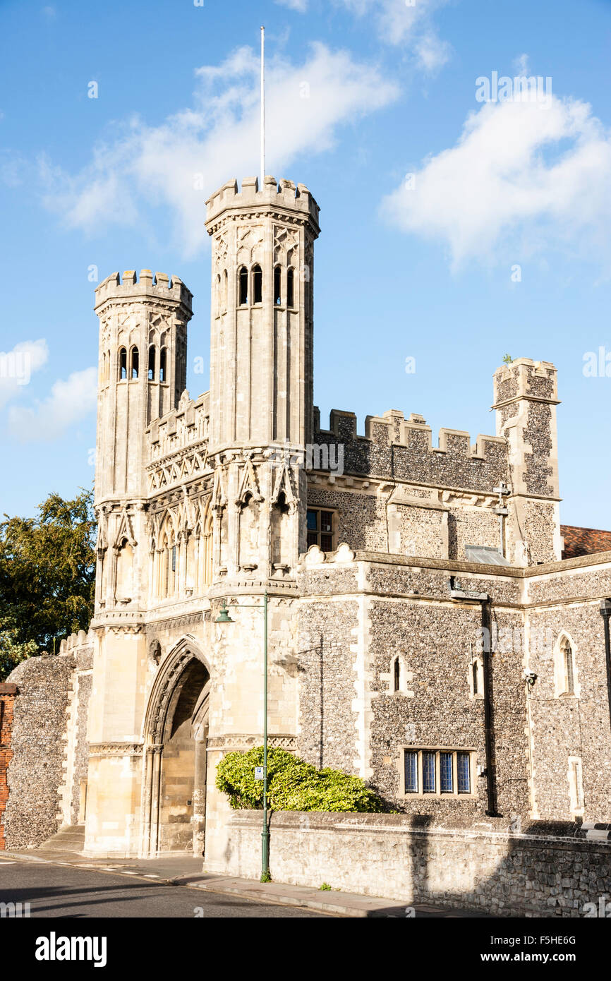 15th century medieval gatehouse, known as The Great Gate, Fyndons Gate, entrance to St Augustines Abbey at Canterbury. Daytime, blue sky. Stock Photo