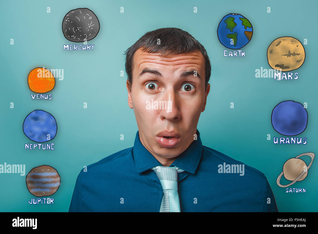 businessman man wonders round eyes opened her mouth planets of t Stock Photo