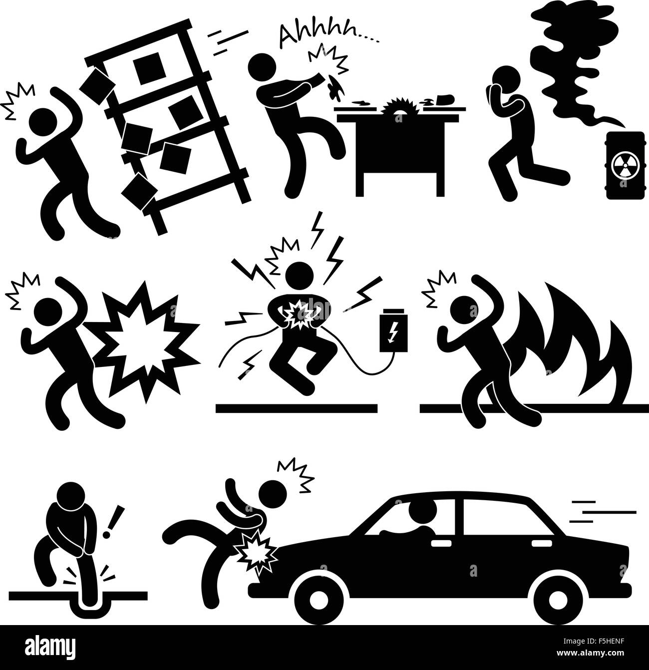 Car Accident Explosion Electrocuted Fire Danger Icon Symbol Sign Pictogram Stock Vector