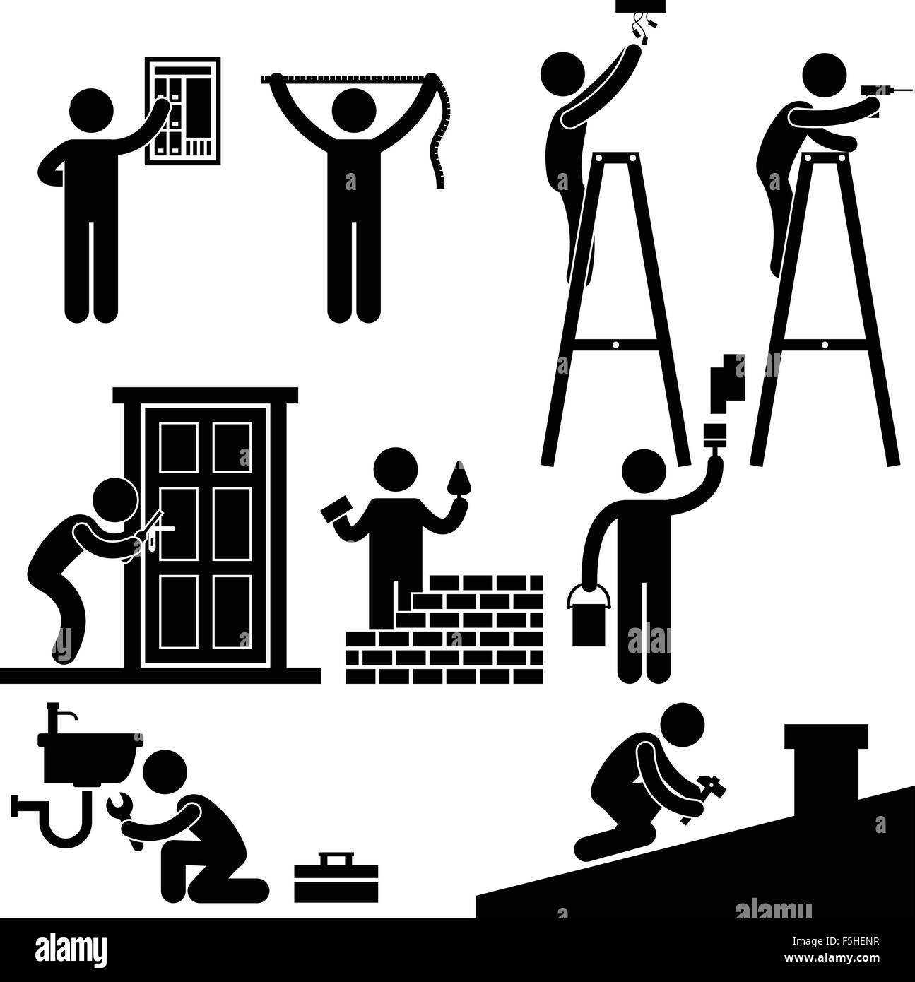 Handyman Electrician Locksmith Contractor Working Fixing Repair House Light Roof Icon Symbol Sign Pictogram Stock Vector