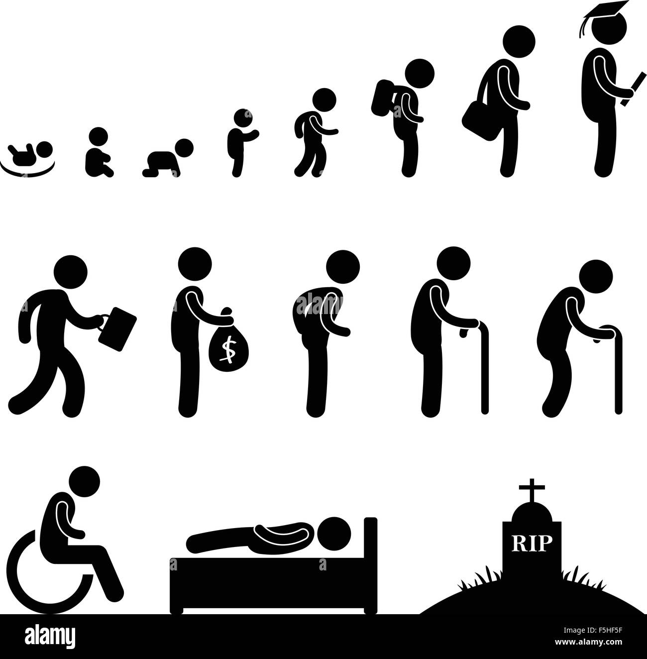 Human Life Baby Child Student Work Old Man Death Stock Vector