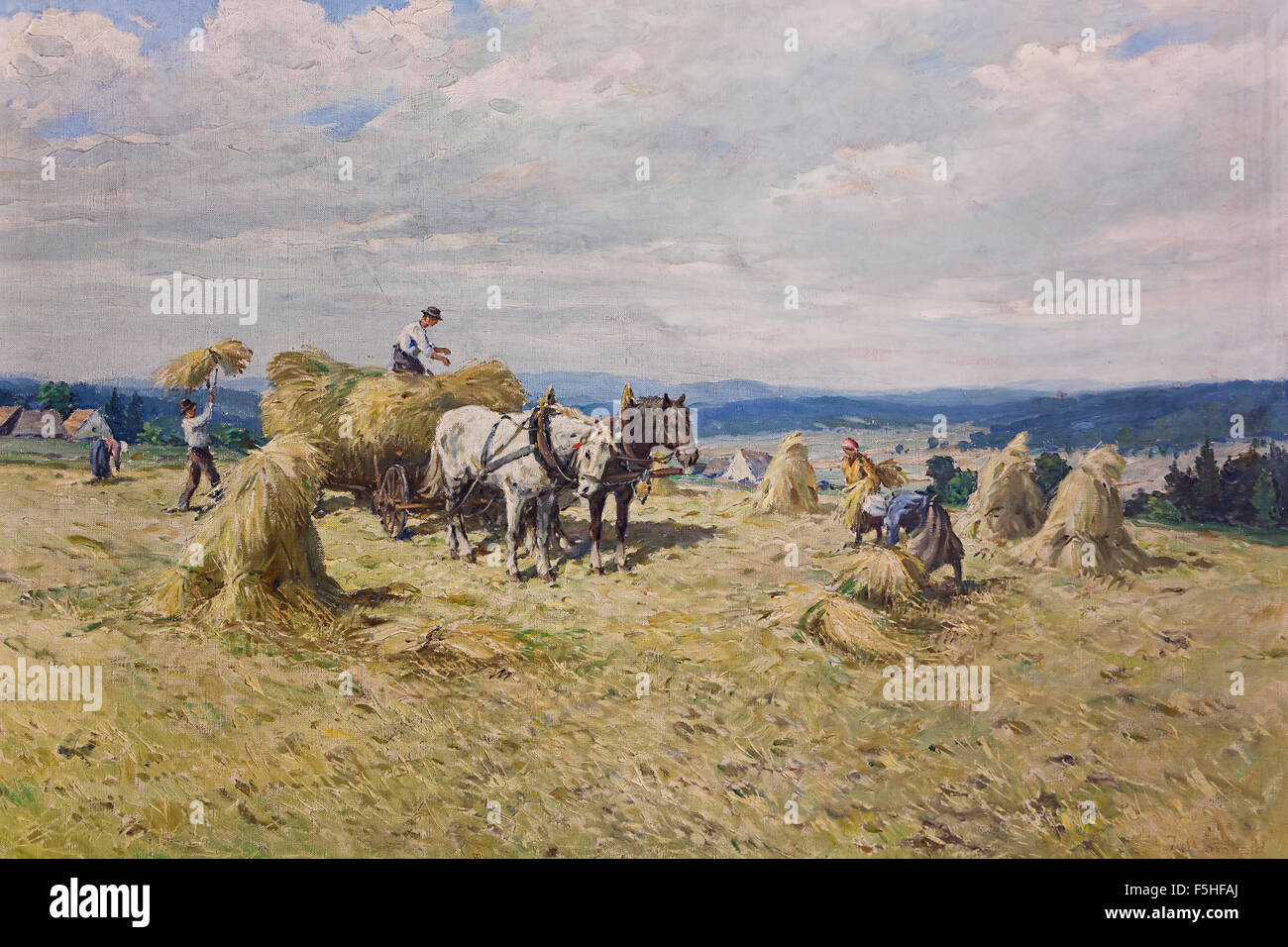 Oil painting  from the beginning of 20. century from unknown Czech author. Rural people working in the field. Stock Photo