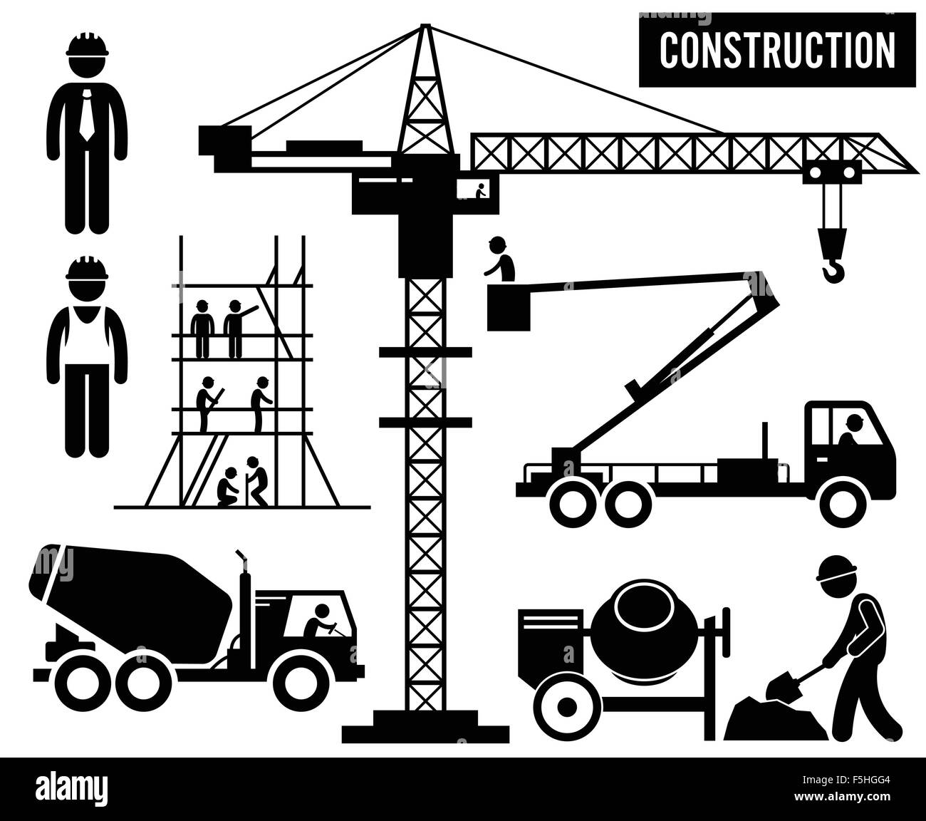 Construction Scaffolding Tower Crane Mixer Truck Sky Lift Heavy Industry Pictogram Stock Vector