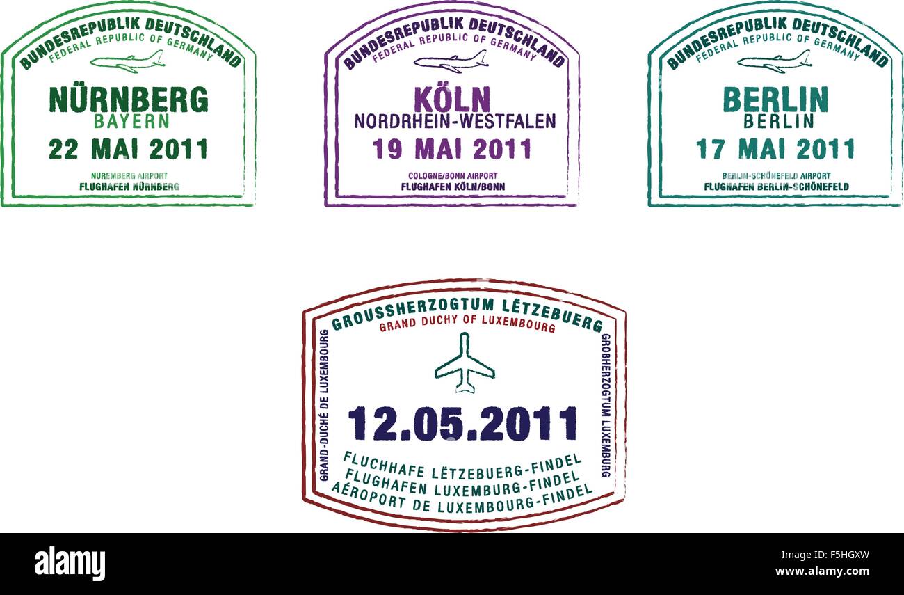 Passport stamps from Germany and Luxembourg in vector format. Stock Vector