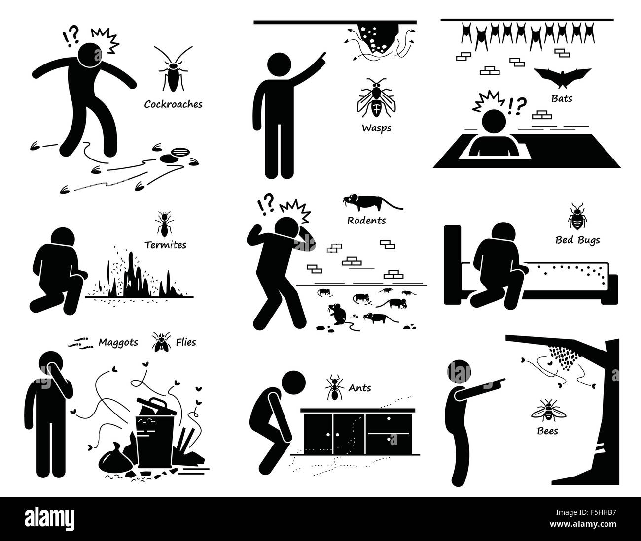 Infestation of Pests Cockroaches Wasp Bats Termites Rats Bugs Maggots Ants Bees Stock Vector