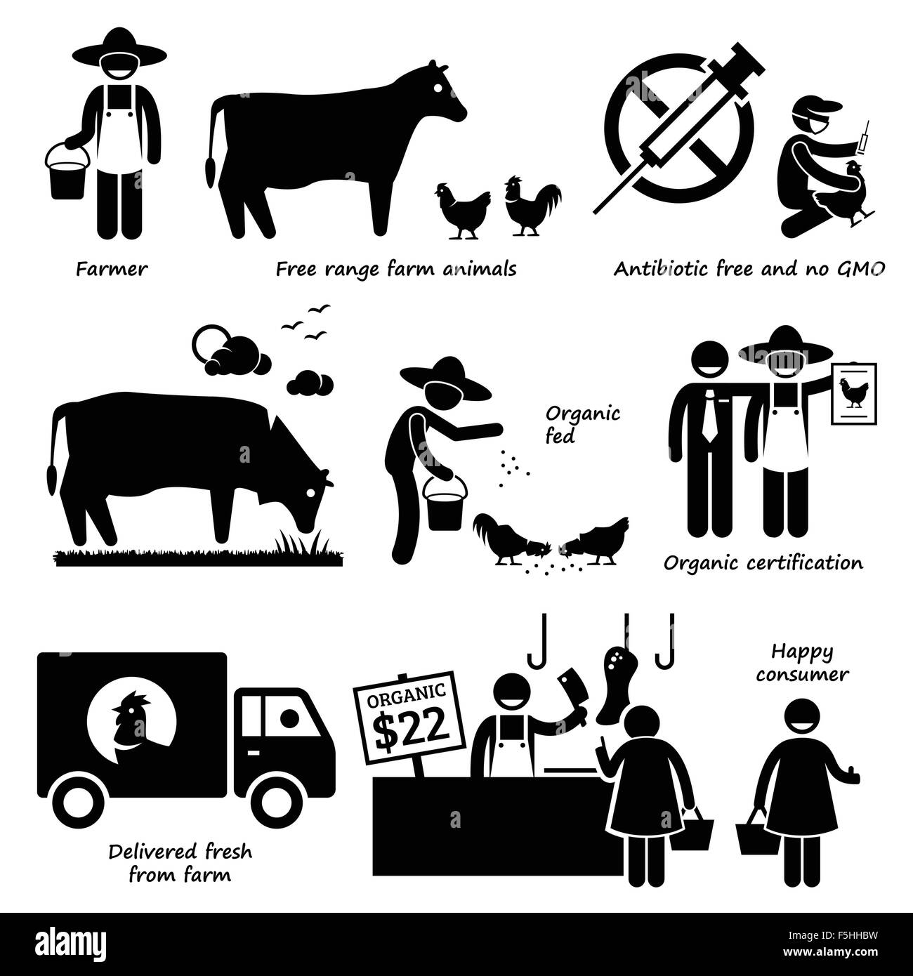 Natural Organic Food Meat Beef Chicken Poultry Stick Figure Pictogram Icons Stock Vector