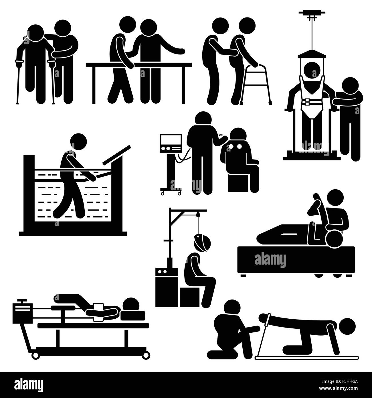 Physio Physiotherapy and Rehabilitation Treatment Stick Figure Pictogram Icons Stock Vector