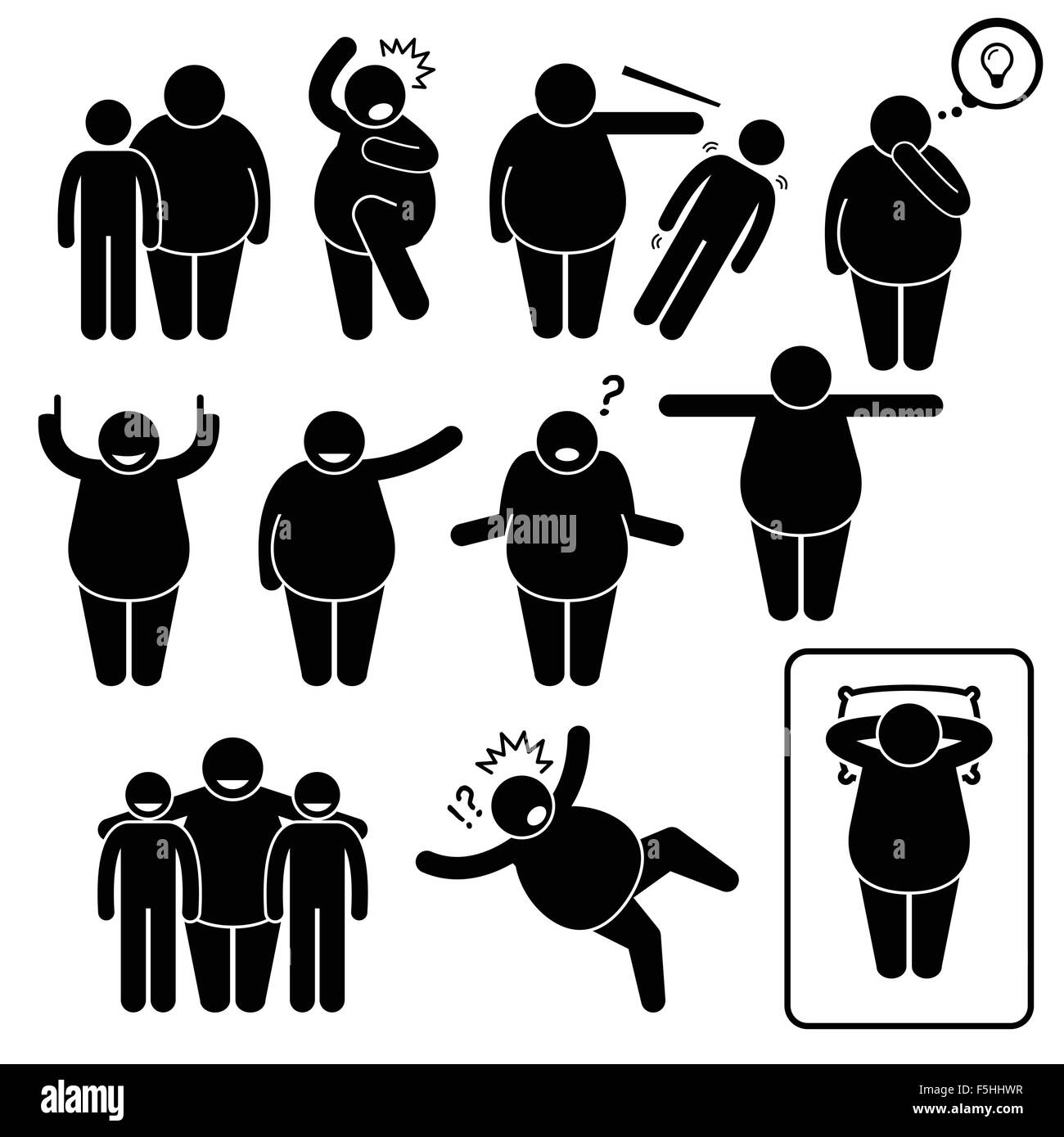 Fat Man Action Poses Postures Stick Figure Pictogram Icons Stock Vector