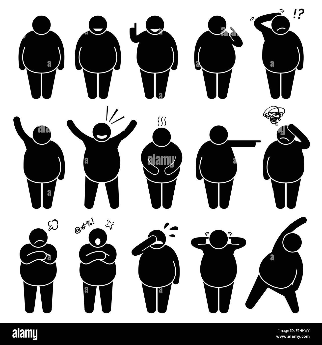 Fat Man Action Poses Postures Stick Figure Pictogram Icons Stock Vector